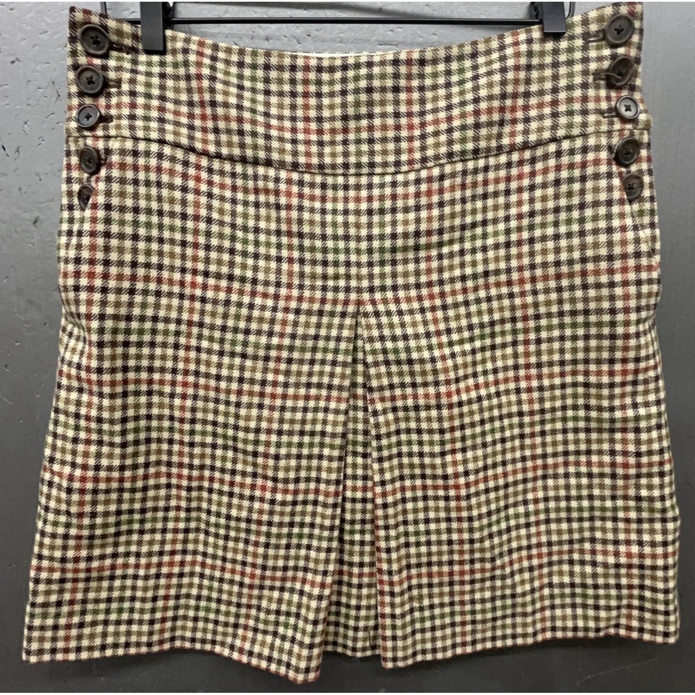 Vintage J Crew Wool Skirt 8 Brown Plaid Buttons Pleat Preppy Classic Academic